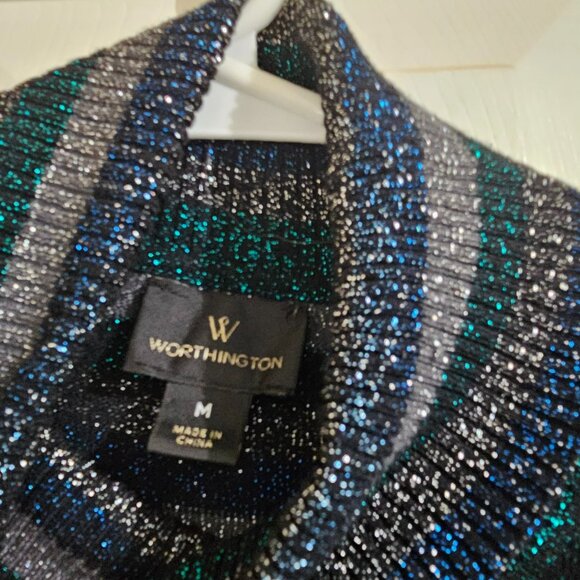 Worthington Glitter Stripe Turtleneck Sweater – Long Sleeve, Stretch Knit, Retro - Picture 2 of 3